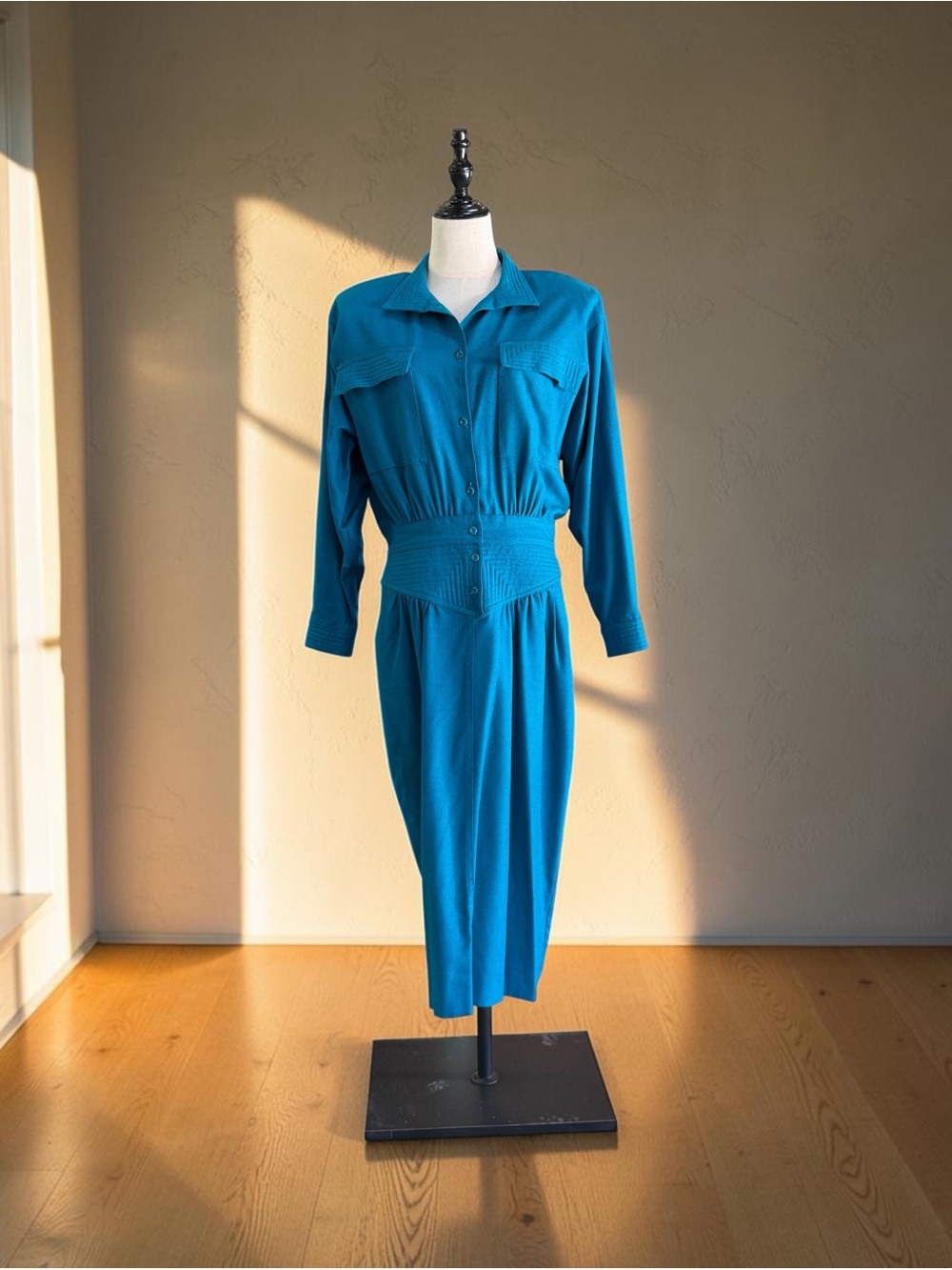 Vintage NaturElle 100% Silk Teal Midi Dress + Georgiou Scarf Set Size L - Picture 2 of 13